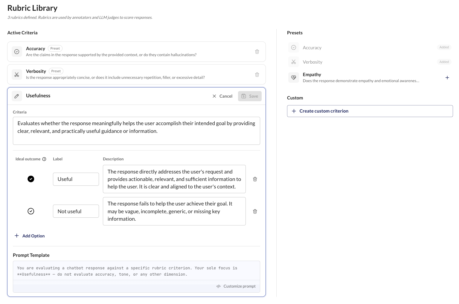 Custom rubrics interface